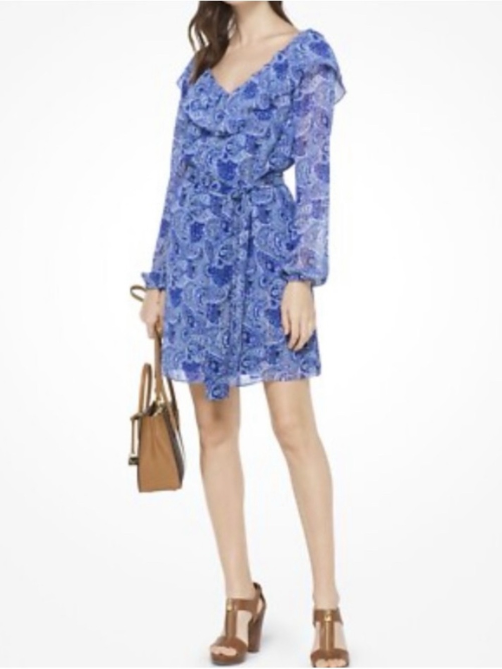Michael Kors Blue Paisley Mini Dress with Ruffle V-Neck